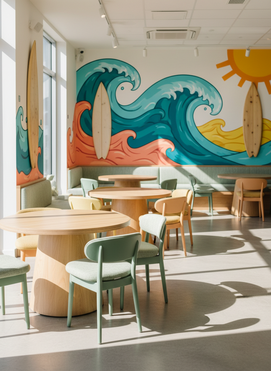 A wide interior shot of the Sandkastles cafe dining area, focusing on empty, inviting seating designed with rounded, beach-inspired forms. Curved, light-wood tables resemble smoothed sand mounds, paired with pastel-colored chairs featuring soft, cushioned seats and arched backs. The walls display large, playful wave murals in turquoise, coral, and sunny yellow, with minimalist surfboard silhouettes mounted as decor. Natural afternoon light streams through large, unseen windows, brightening the space and casting gentle, elongated shadows that emphasize the curves. The camera is at eye level, capturing depth as tables recede softly into a slight blur. The mood is lively yet relaxed, family-friendly, and modern, rendered with photographic realism, crisp details, and an energetic, airy composition.